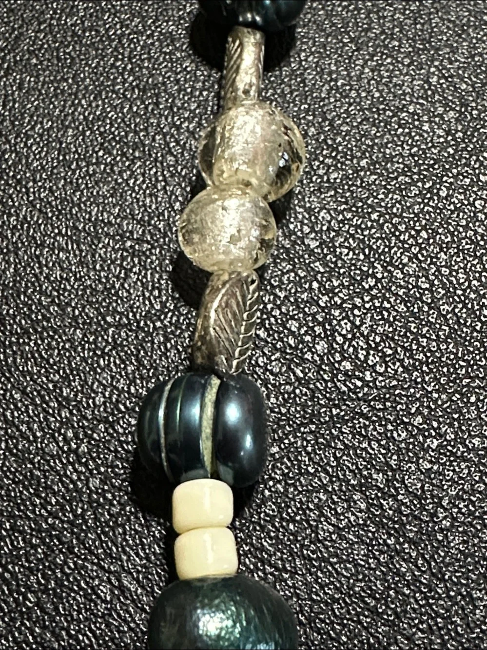 Silver Tone Leaves, Glass, Pearl & White Bead 10” Key Chain/Bag Charm